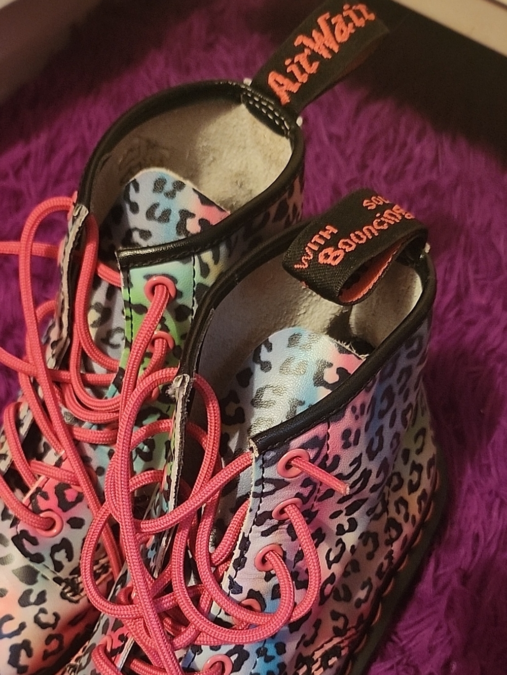 Dr. Martens Rainbow Leopard Print Combat Boots with Pink Laces